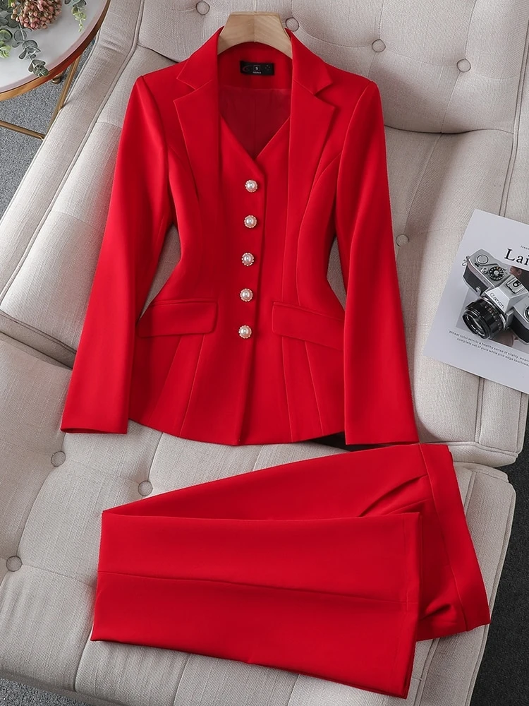 

AutumnWinter New White Black Red Suit Blazer Jacket And Pants Women's Office Lady Work Clothes Formal 2PieceSet Fashion Slim Fit