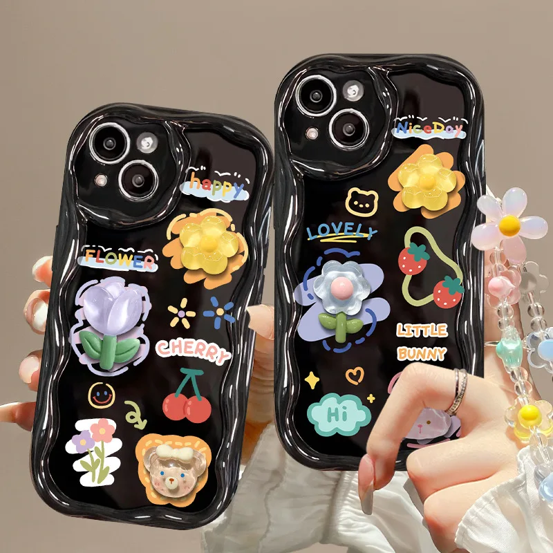 3D Cute Animal and Floral Design Phone Case with Bracelet Attachment
