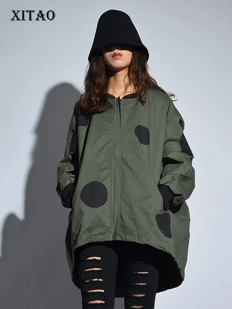 [XITAO] Europe 2018 New Arrival Autumn Casual Women Polka Dot Print Stand Collar Coat Female Full Sleeve Loose Jacket LJT3848 new arrival summer tracksuit for men short sleeve t shirt shorts 2 piece set oversized casual trendy sportwear outfits clothe