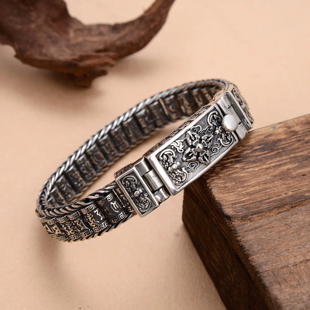 

Buddhastone Original Design Silver color Chinese Trendy Male Buddhist Six-character Mantra Roller Bead Vajra Pestle Bracelet