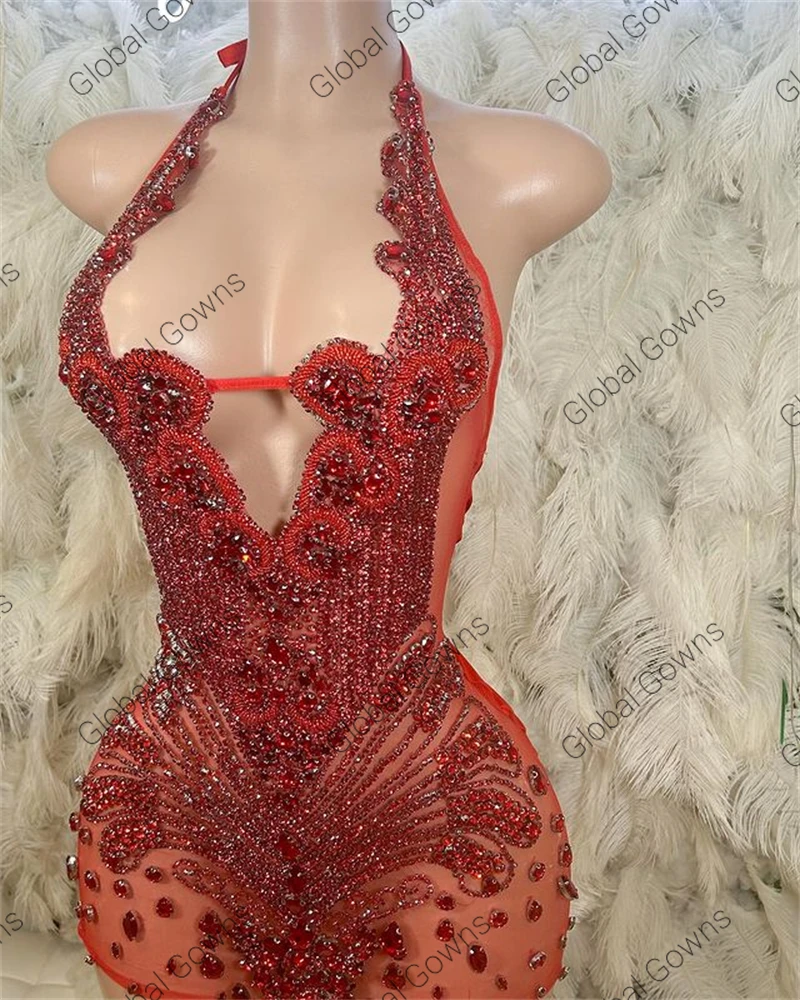 Red Diamonds Halter Short Prom Dresses Black Girls Sparkly Bead Rhinestone Crystal Birthday Mini Cocktail Party Dress Robe De