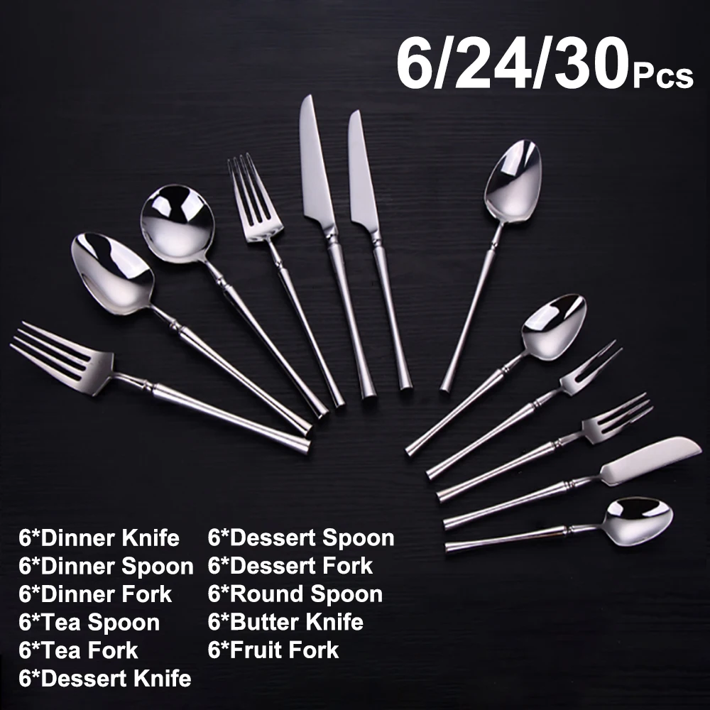 6/24/30Pcs Sliver Cutlery Set Stainless Steel 304 Tableware Elegant Dinner Set Western Knife Fork Spoon Mirror Flatware cutlery set western style cutlery set stainless steel cutlery set