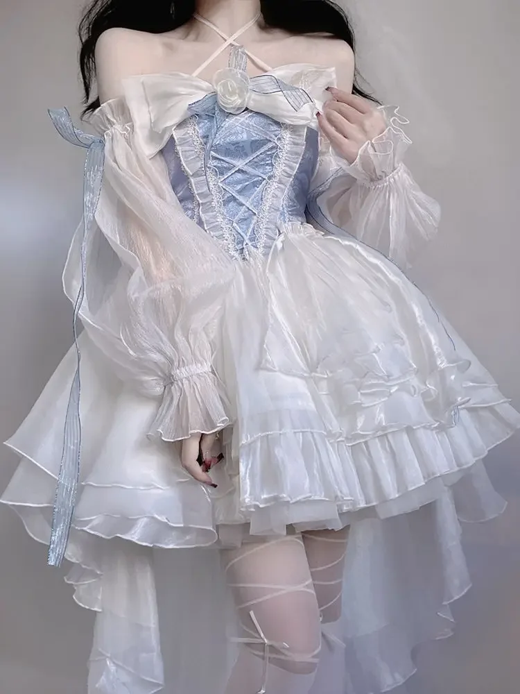 

Lolita Op Elegant Girl French Romantic Style Role Play Princess Puff Cuff Band Bow Flower Tone Mesh Fantasy Fairy Dress