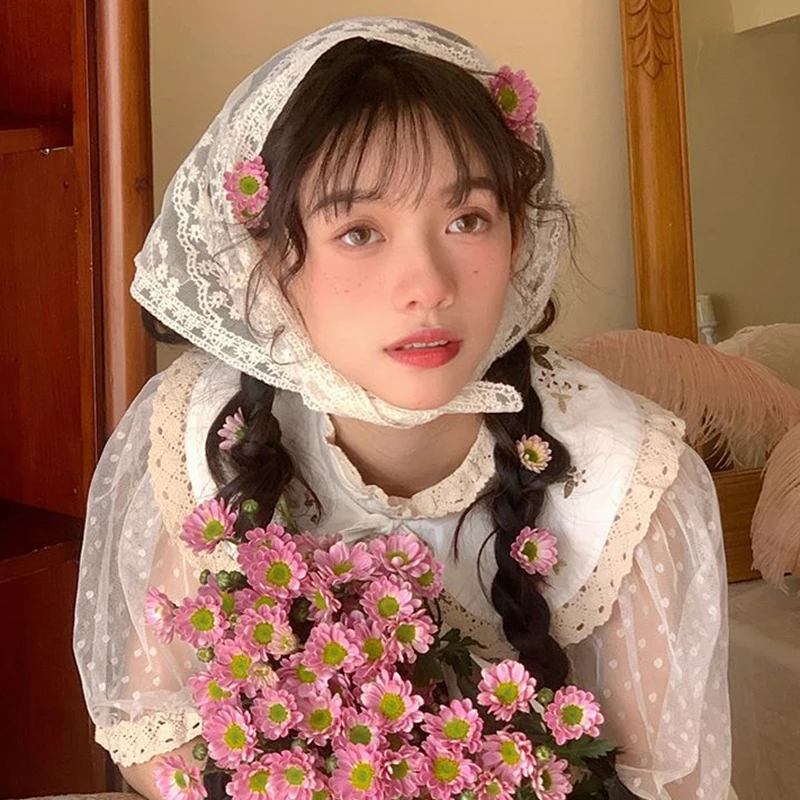 여름 레이스 삼각형 머리 스카프, 여성용 모자, 한국 스카프 머리띠, 헤어 액세서리, 스위트 터번 히잡