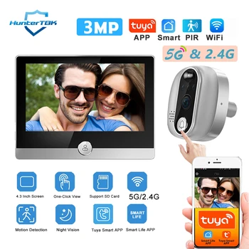 Videocitofono WiFi 3MP 5GHz 2.4GHz con Telecamera Spioncino 1080P Tuya Smart Life, Rilevamento Movimento PIR, Batteria 5000mAh e Visione Notturna IR