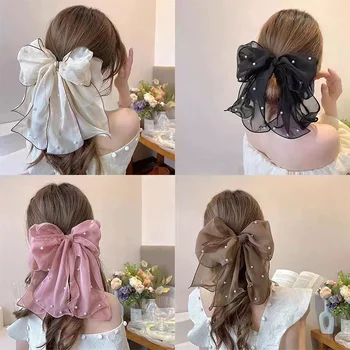 Fermagli per capelli con fiocco in chiffon con graziosi nastro e perle per donne alla moda - Elegante fermaglio per coda di cavallo e accessorio per molletta