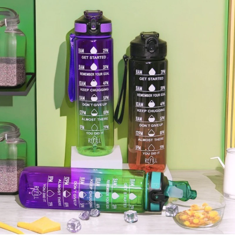 Portable Water Bottle 1L Motivational Outdoor Sport Water bottle with Time Marker Portable Reusable Plastic Cups cute sticker