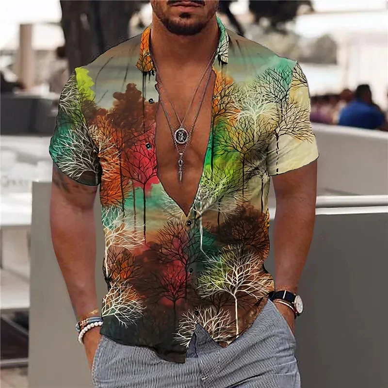 202 Hd Coconut Tree 3d Fingerprint Hawaiian Shirts Men Loose Breathable Shirts Beach Party Short Sleeve Tops Streetwear Shirt