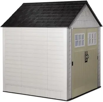 7 Foot by 7 Foot Weatherproof Outdoor Storage Shed for Garden Tools and Lawn Machinery Organization with Lockable Door Sandstone 1