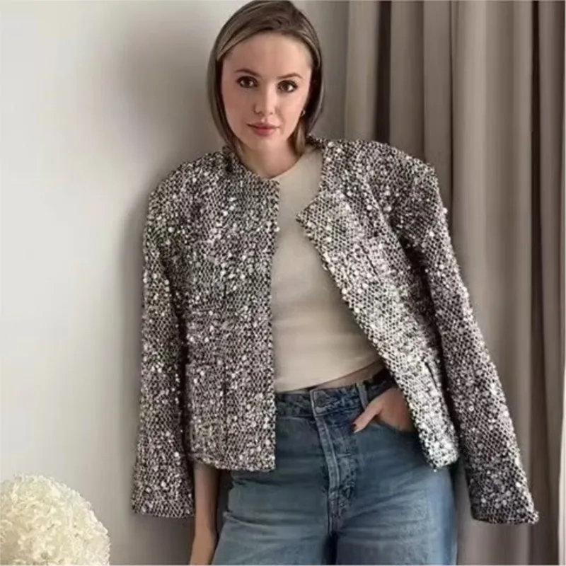 Chaqueta Kpop Con Lentejuelas Para Mujer – Manga Larga, Cremallera, Crop Top Para Baile Y Carnaval (Tallas S-4XL)
