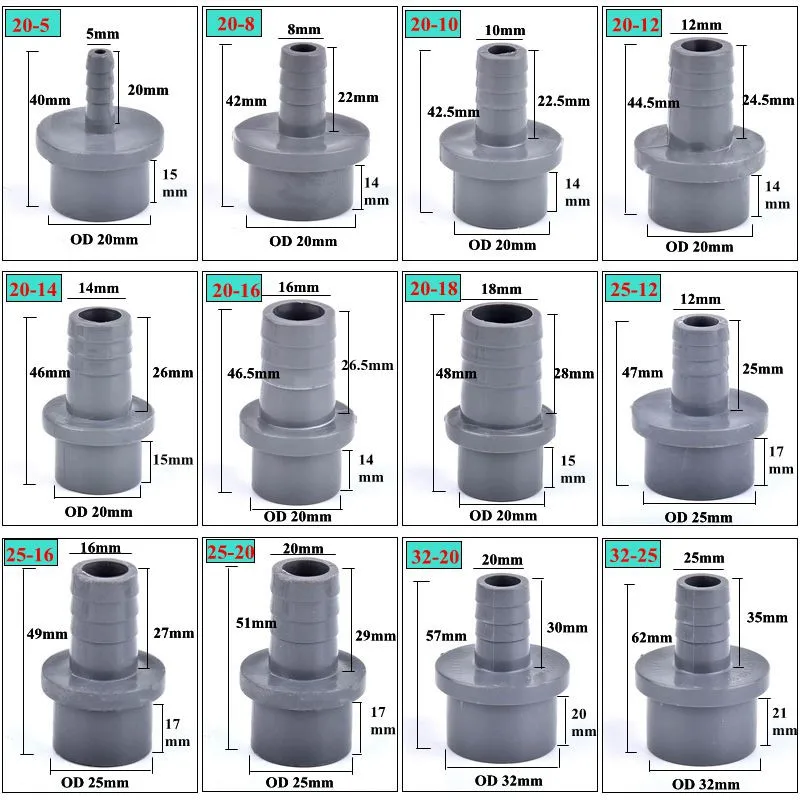 

1~20Pcs OD 20~32mm To 5/8/10/12/14/16/20/25mm Pagoda Connector Aquarium Fish Tank Garden Irrigation Water Pipe Jionts Fittings