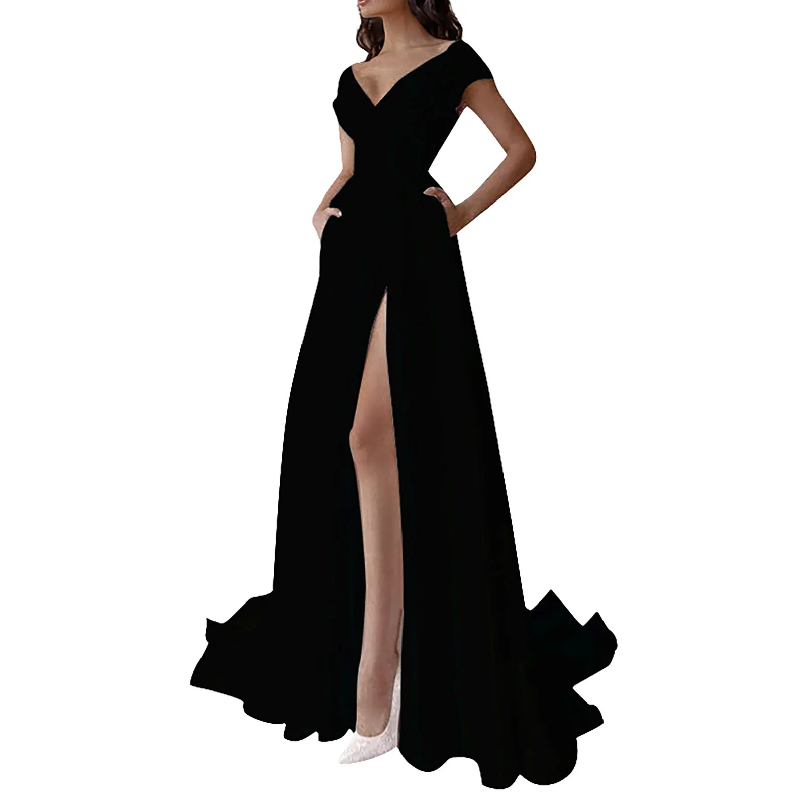 

2023 Cross Border Chest Wrapped Ruffle Red Black White Mid Waist Solid Temperament Commuter Dress Evening Dress