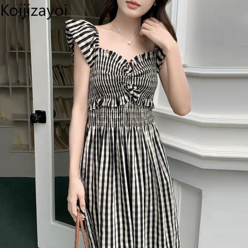 

Koijizayoi Women Summer Striped Long Dress Lady French Style Flying Sleeves Fold Maxi Dresses Fashion Elegant Vestidos New 2023