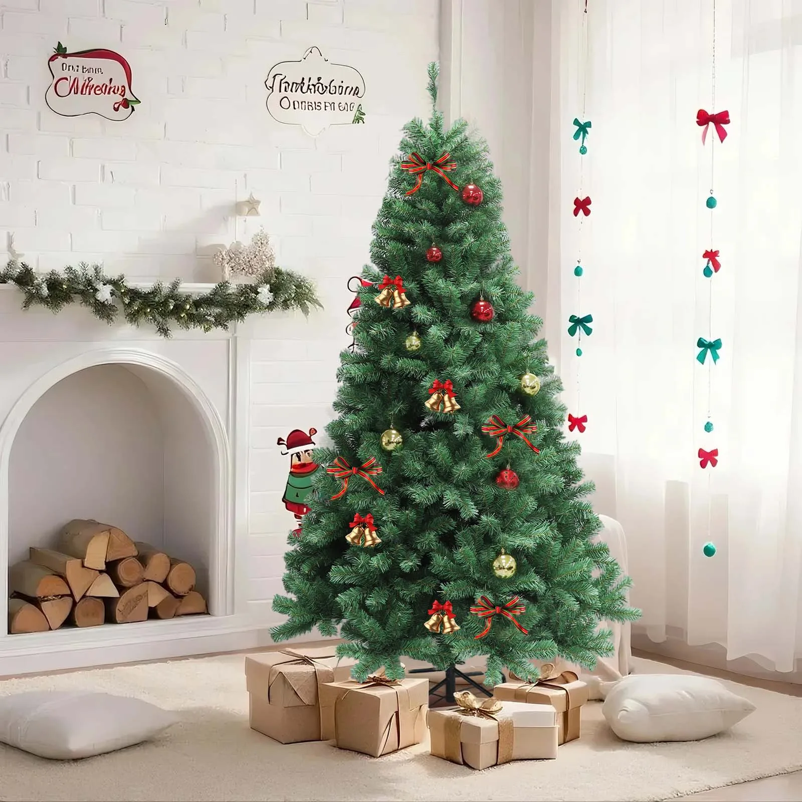 6–7ft Pre-Lit Artificial Christmas Tree with LED Lights – 8 Lighting Modes, Hinged Branch Design for Easy Setup