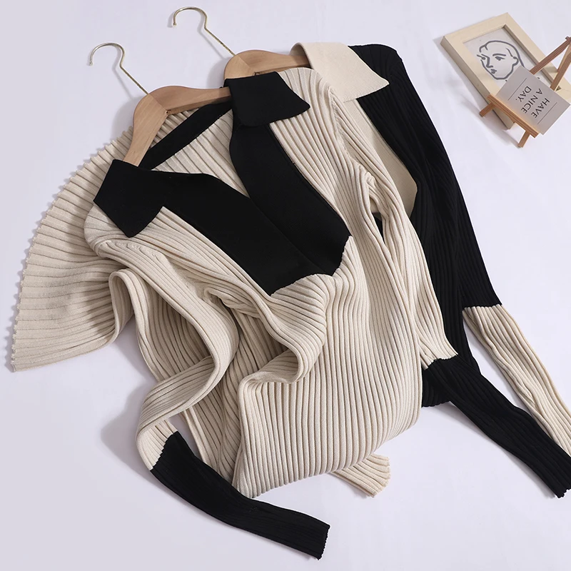 

Contrast Color V-neck Knitted Sweater Dress Women Autumn Long-sleeved Sweater Inner Dress Lady Slim-fit Midi Long Pit Hip Dress