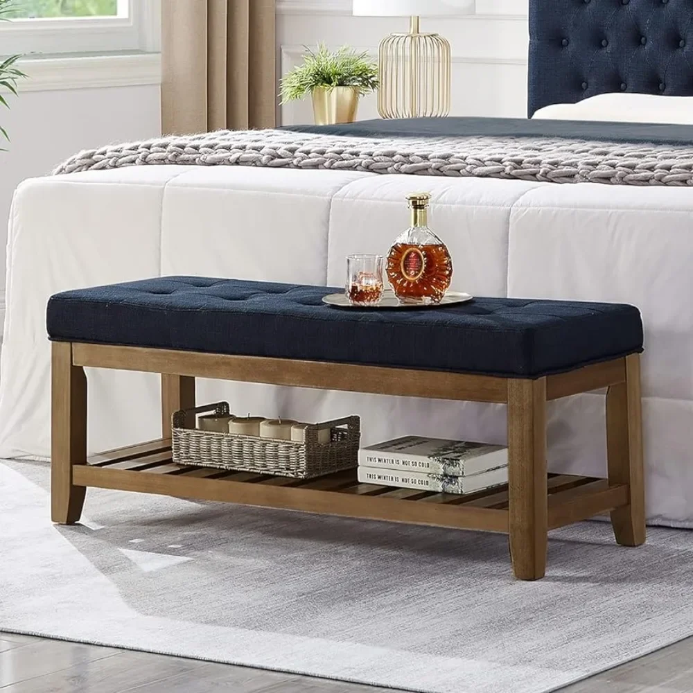 

Large Rectangular Upholstered Tufted Linen Fabric Ottoman Bench Bed Stool Padded Bench With Solid Wood Shelf-Navy Blue Bedroom