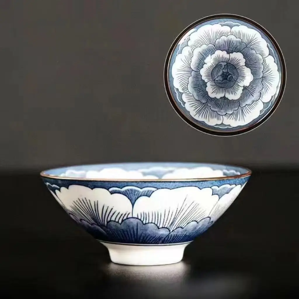 Handcrafted Blue & White Porcelain Teacup - Dragon, Phoenix, and Pavilion Design
