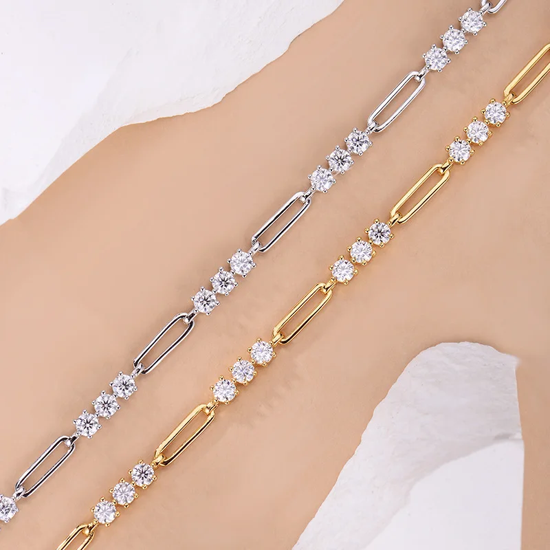 Cloud-Moissanite Pulseiras de Diamante para Mulheres, Clipe de Papel Corte Redondo, Corrente de Prata Esterlina 925, Presente Fine Jewelry, 3,0mm