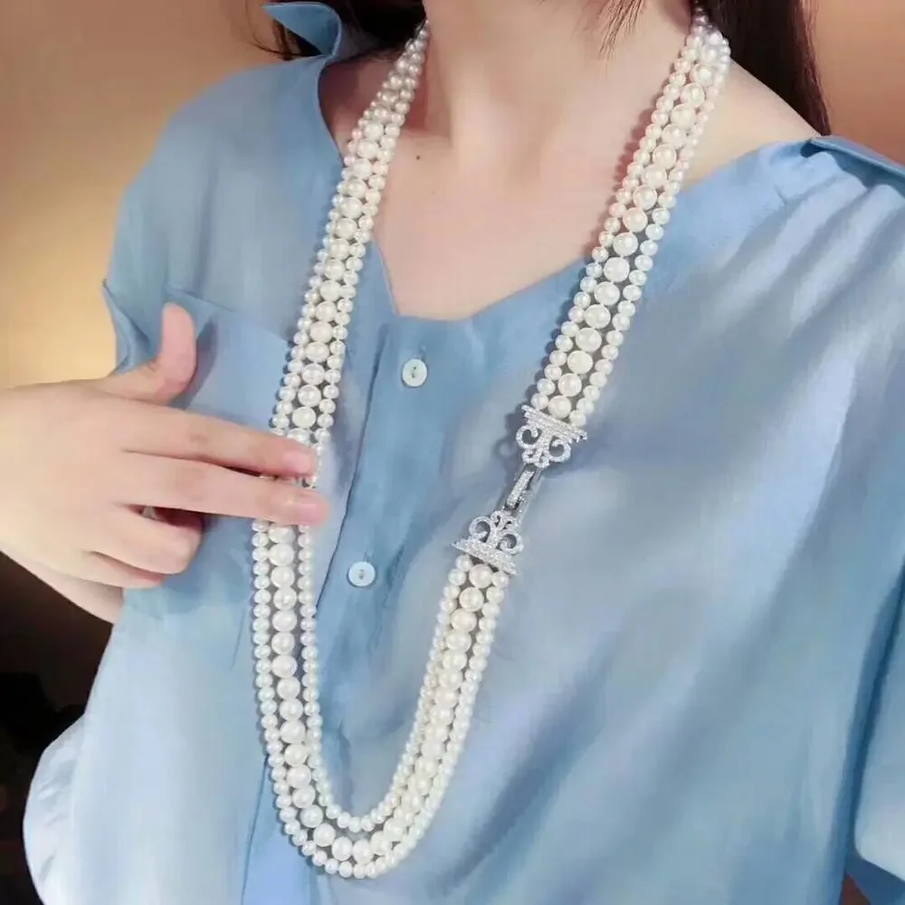 three rows 7-8mm south sea round white pearl necklace 20