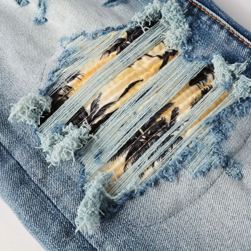 High Street Fashion Men Jeans Retro Blue Stretch Skinny Fit Ripped Jeans Men Buttons Fly Patched Designer Hip Hop Brand Pants