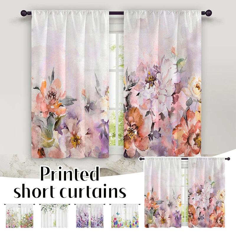 

2Pcs Valance Kitchen Waterproof Short Curtains Drape Watercolour Bay Window Printed Flower Curtain Fabric Coffee Curtain