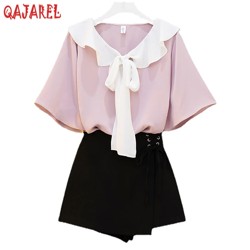 

Women Pinki Chiffon Bow Ruffled Collar Blouses Summer Short Sleeve Fashion Light Top Shirts 2023 Korean Elegant Bodycon T-Shirt