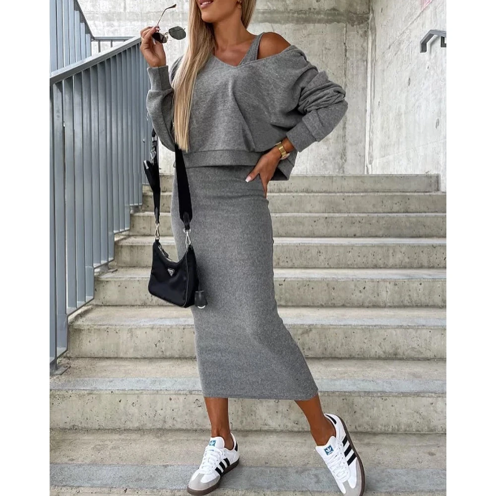 Autumn V-Neck Sleeveless Cami Midi Dress & Long Sleeve Hoodie Cropped Top Set Women Fashion Two Pieces Dress Set Streetwear y2k