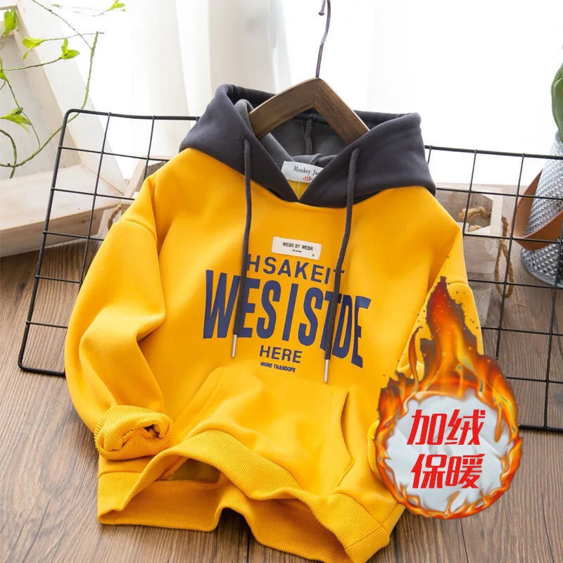 Kids Hoodie Sweatshirts Autumn Winter Boys Hoodies Solid Color Letter Print Lining Plush Thick Warm Casual Pullover For 4-14Y Kids Handsome Sweatshirt