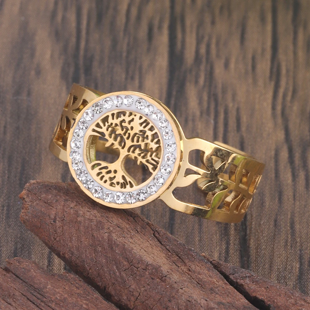 Stainless Steel Rings Finger Rings Metal Rings Fashion Rings Fashion Ring Women's Adjustable Tree of Life Jewelry Accessories Rhinestones Aesthetic Dating Rings For Women