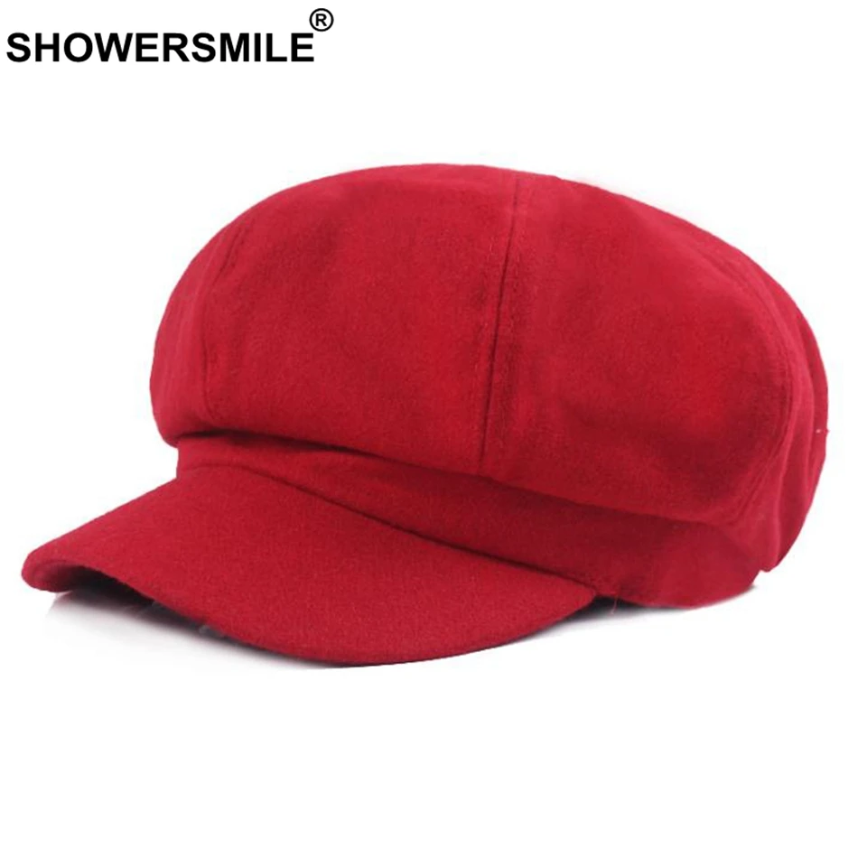 Burgundy Newsboy Caps Women Solid Wool Painters Hat Vintage Female Red British Autumn Winter Octagonal Cap Newsboy cotton newsboy cap