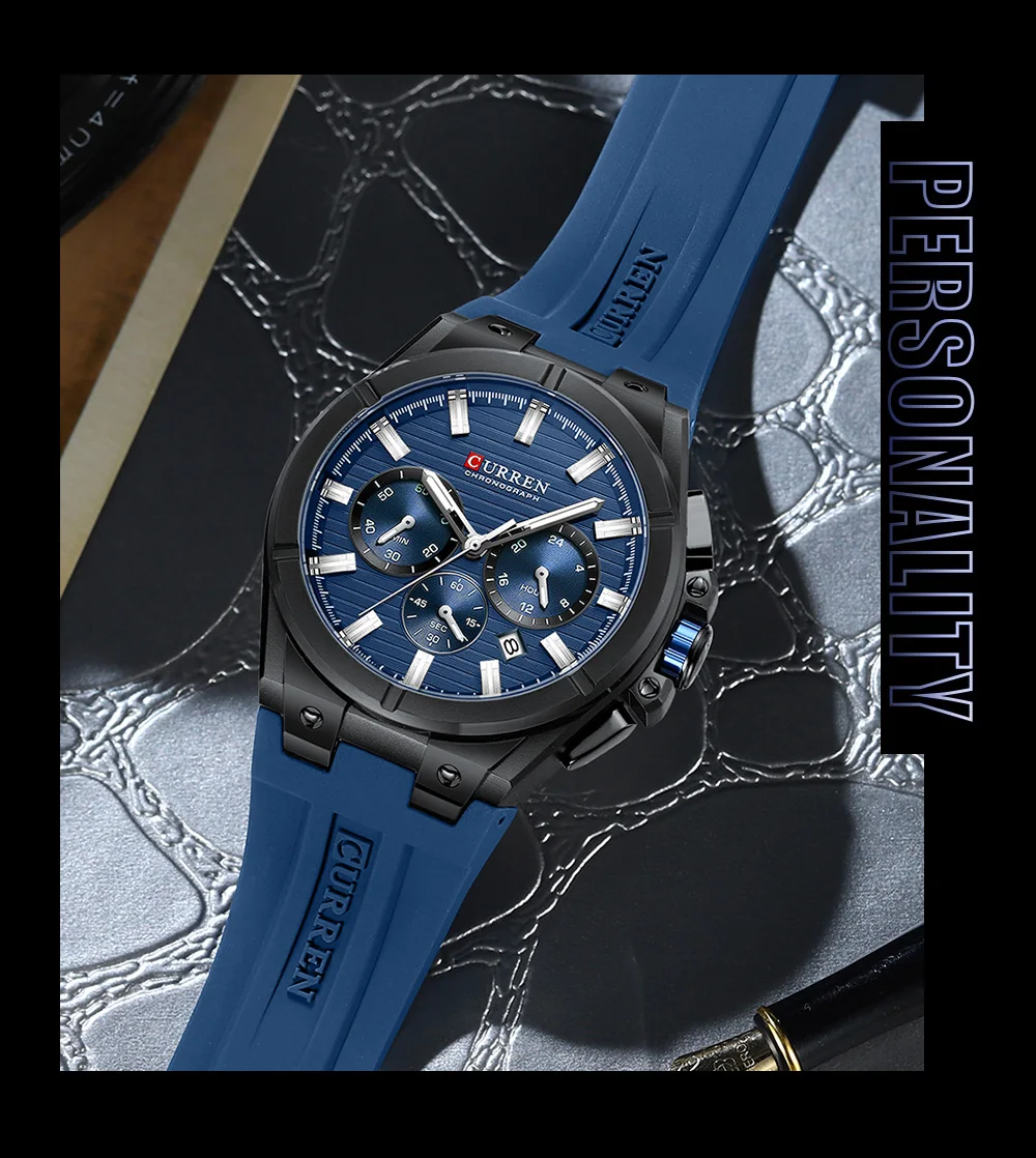 CURREN Moder Design 43mm Watch for Men with 3 Sub-Dials Quartz Movement Casaul Silicone Strap Wristwatch Luminous Hands and Date