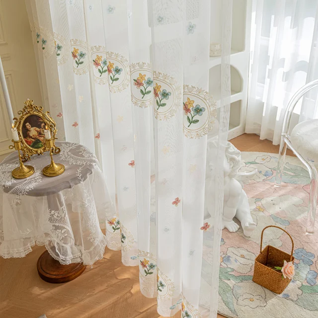 Light Luxury Simple Curtain Gauze Curtain Garden Sun Protection Embroidery Flower Curtains for Living Dining Room Bedroom