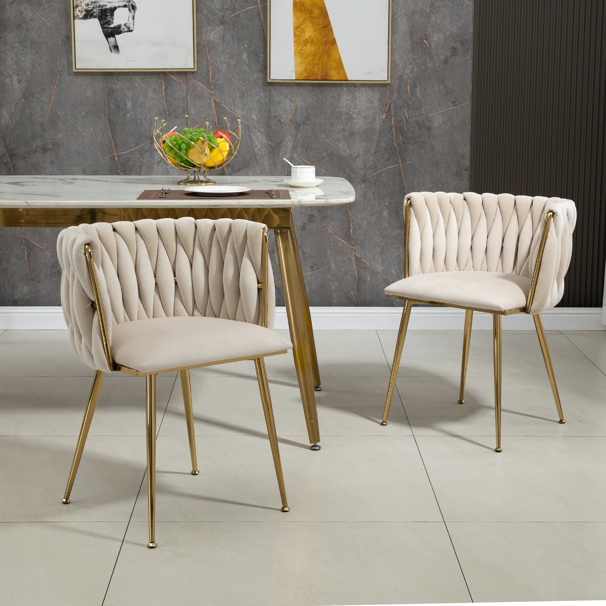 Modernes Luxus-Esszimmerstuhl-Set aus Samt mit goldenen Metallbeinen, elegantes handgewebtes Design und weichen Kissen für das Esszimmer – Detail 7