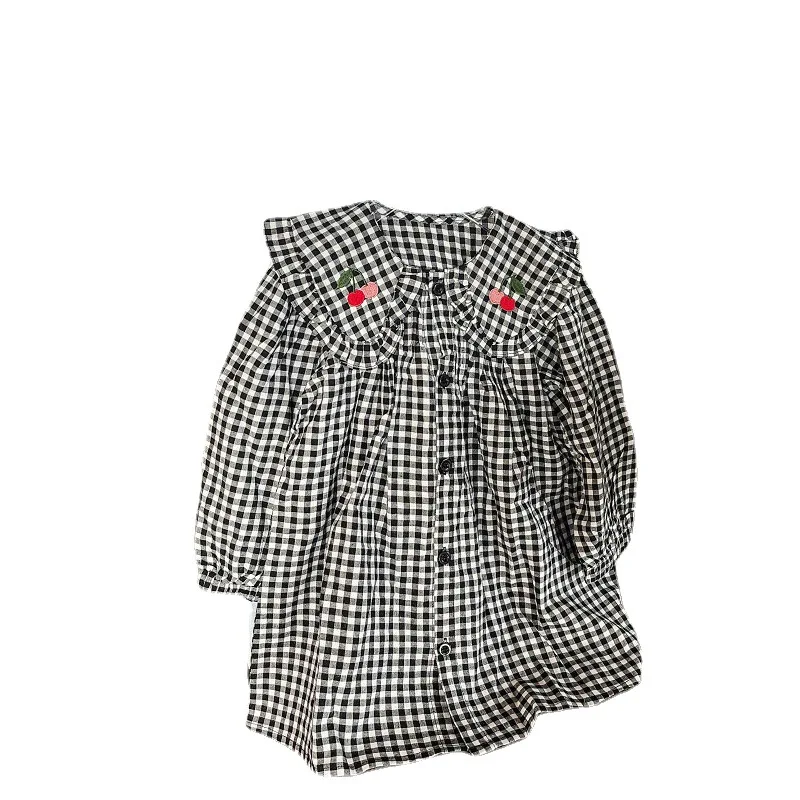 Mädchenkleid mit großem Kragen, Kirschkaro-Kleid, Prinzessinnenkleid, 2022, Frühling und Herbst, neuer Stil – Detail 9