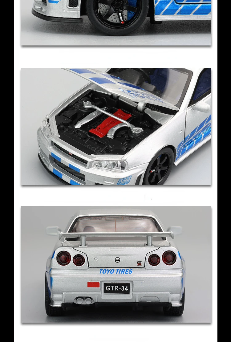 thumbnail image 2 of 1:32 Nissan Skyline GTR R34 Alloy Scale Model Car Diecast Metal Vehicle Sound＆Light Collectible Children Toy Gifts 2 of 11