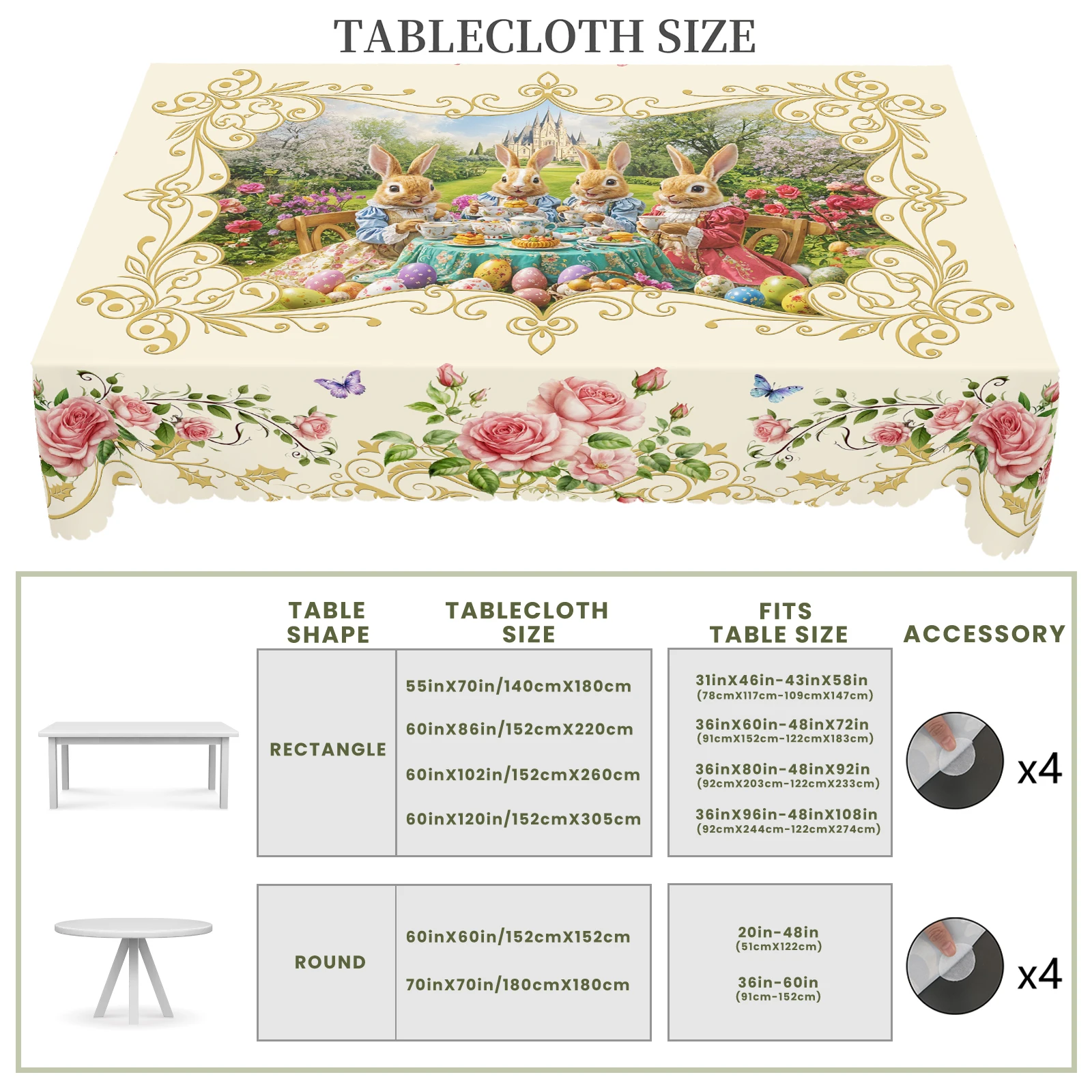1 Piece of Easter Bunny Flower Print Round Tablecloth, 5 Sizes Available, Easter Bunny Flower Print Square Tablecloth, Edge Embossing Process, Wedding Decoration, Easter Spring Garden Tablecloth Decoration, Tablecloth for Daily Home Kitchen, Terrace, Easter Decoration 6