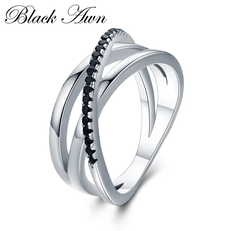 

[BLACK AWN] Vintage Silver Color Fashion Jewelry Bague Row Black Spinel Wedding Rings for Women G006