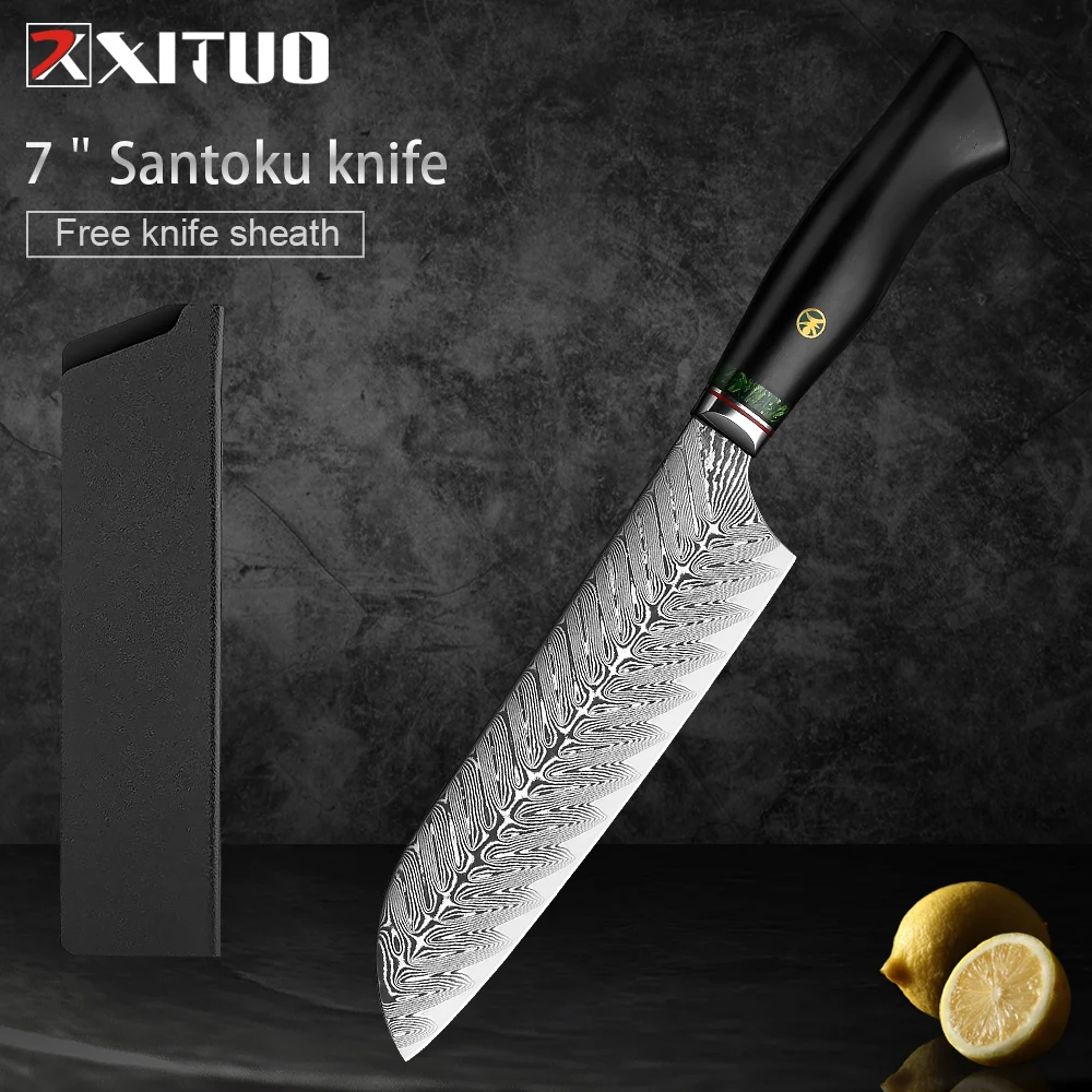 

XITUO 7 Inch Damascus Steel Santoku Knife Cutting Vegetable Professional Kitchen Japanese Knives High Quality Black Ebony Handle