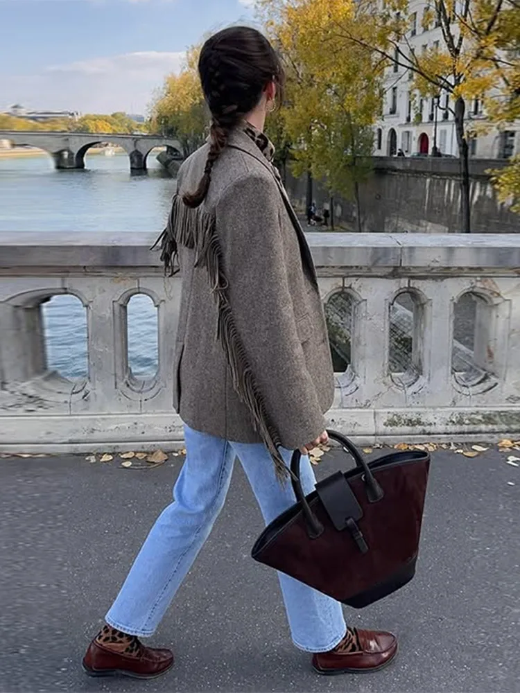 Quasten Woolen Anzug Jacke Frauen Elegante drehen-unten Kragen Langarm Einreiher Tasche Herbst Winter Mäntel Neue Outer – Detail 14