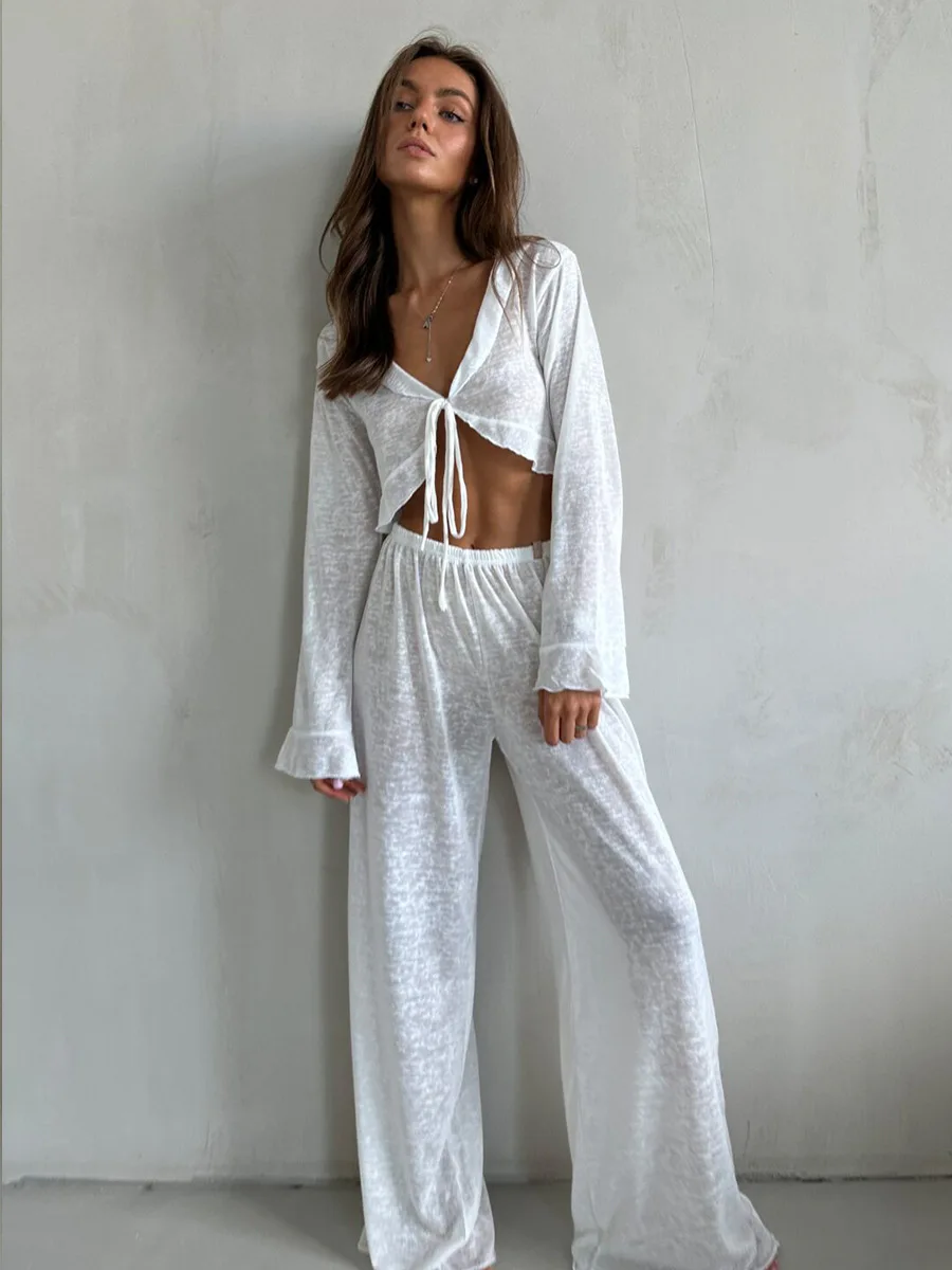 Conjunto informal de dos piezas para mujer, con cuello en V, manga larga con cordones y pantalones de cintura alta.