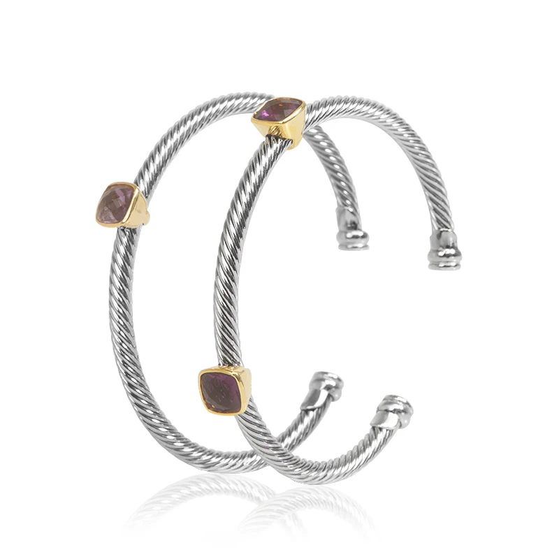 

JADE ANGEL Classic Gold-plated Cable Bangle Set Inliad Amethyst Zircon 4mm Luxury Bracelet for Women Banquet Christmas Jewelry