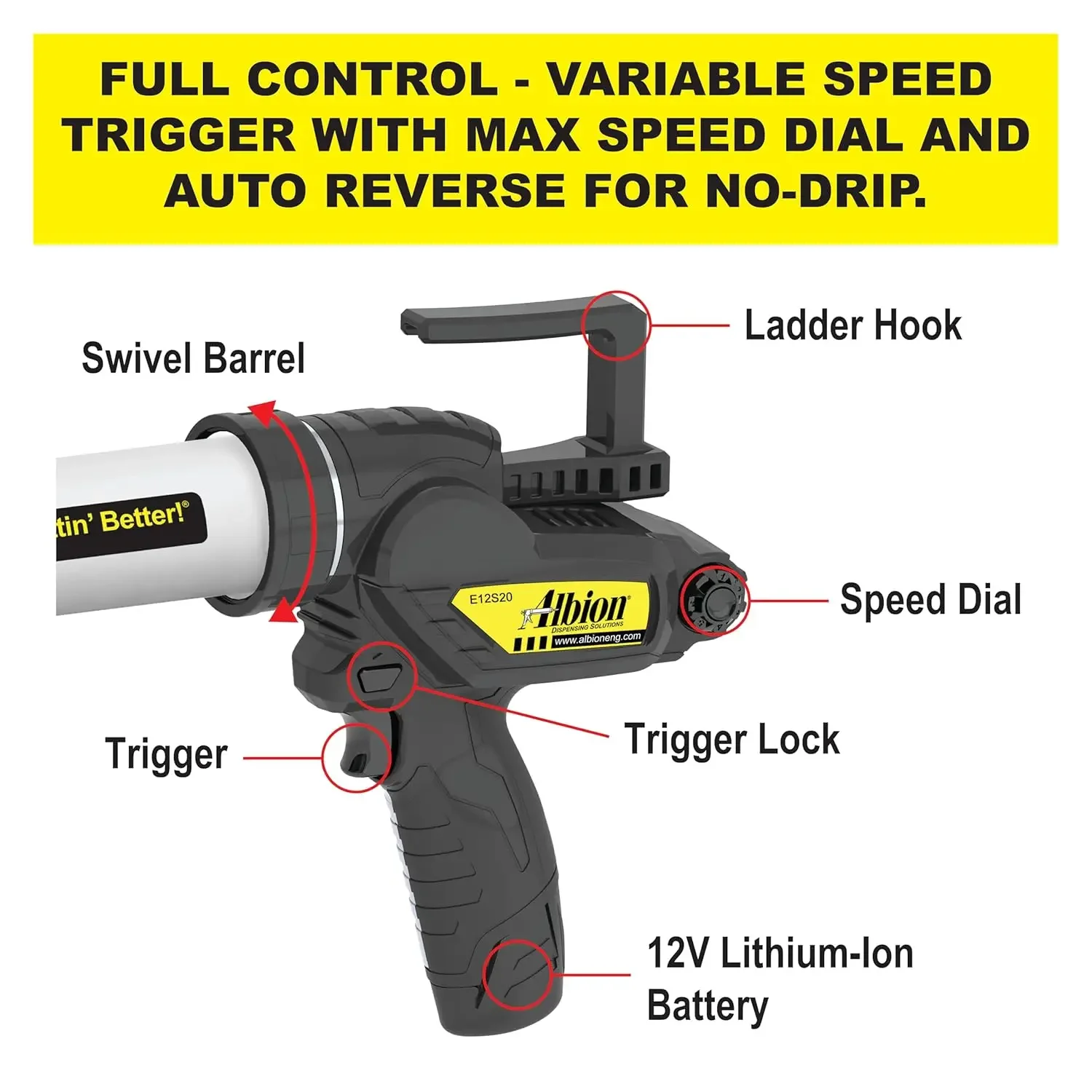 Engineering E12S20 B-Line Cordless Sausage Caulking Gun, No Drip, 12V, 20 oz 3