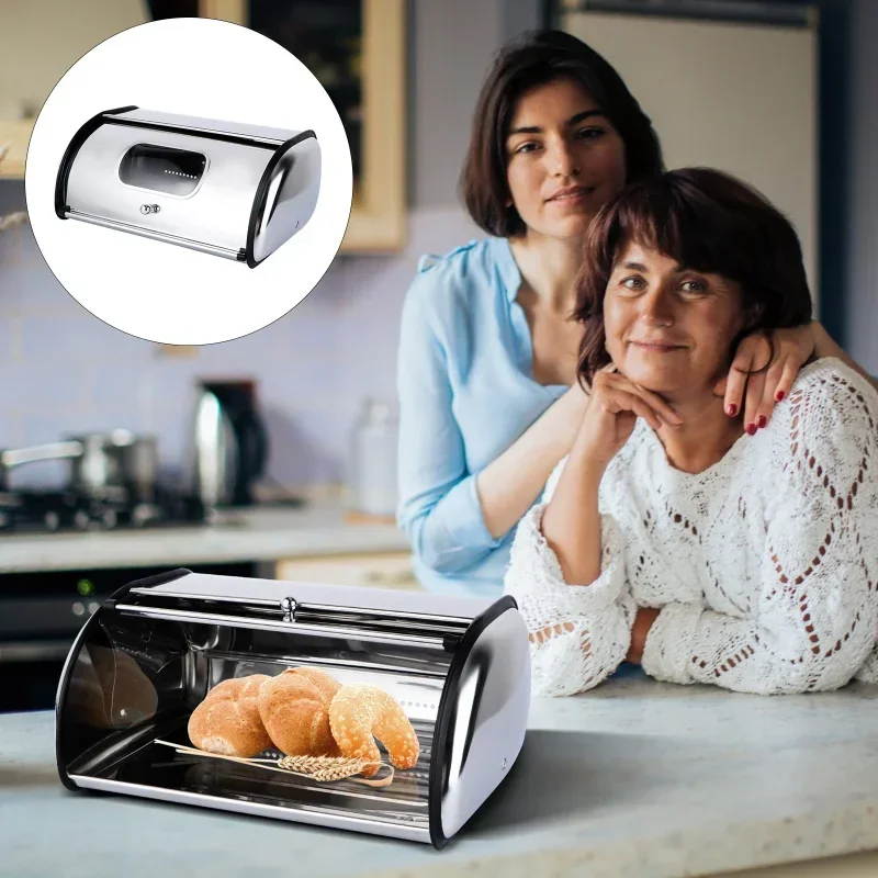 Metal Bread Box with Hinged Sliding Lid Desktop Pastry Storage Box Steel Container Pastry Container Storage Bread Sealed Tissue 2
