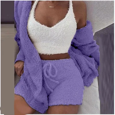 co ord sets women Three Piece Sexy Fluffy Outfits Plush Velvet Hooded Cardigan Coat+Shorts+Crop Top Women Tracksuit Sets Casual Sports Sweatshirt shorts co ord