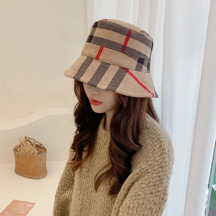 Women Sun Hat Fishing Sun Hat Plaid Colourful Fisherman's Hat Women Korean Suede Basin Hat Casual Foldable Warm Fashionable Soft 56-58cm