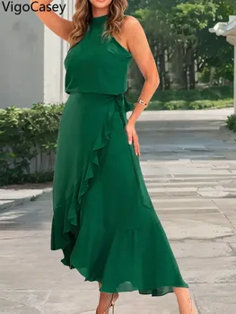 VigoCasey 2025 Summer Female Sexy Solid Long Dress Women Sleeveless Mesh Patchwork Dress Casual Ruffle Lady Tight Dresses