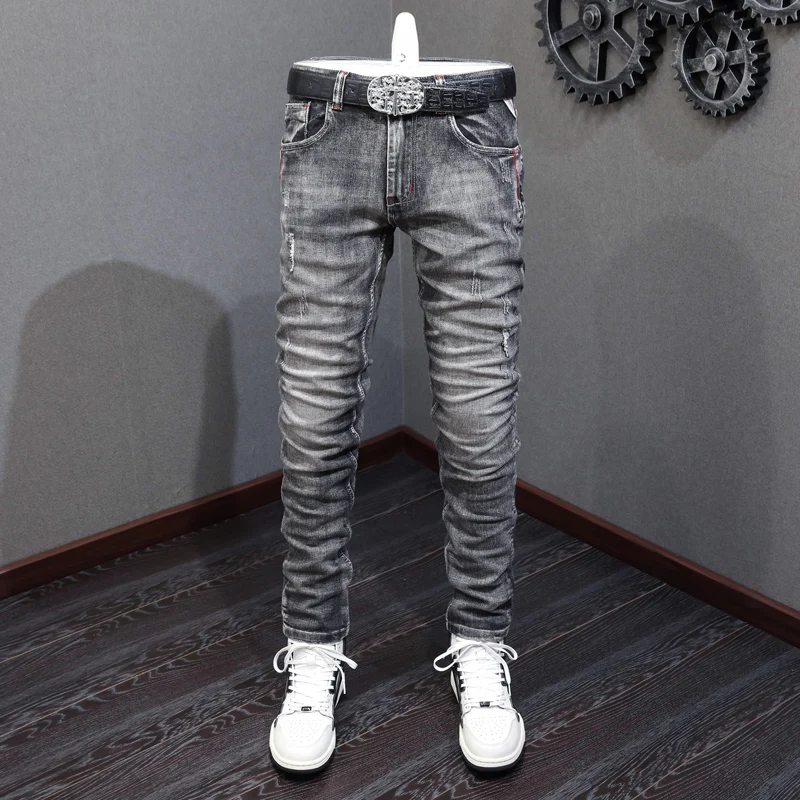 Italian Style Fashion Men Jeans Retro Black Gray Elastic Slim Fit Ripped Jeans Men Red Line Designer Vintage Denim Pants Hombre