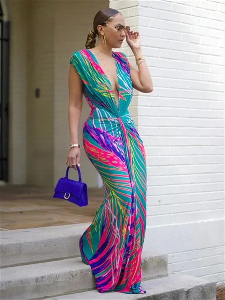 Wmstar Dresses Women's Clothing Sleeveless Printed Deep V Neck Sleeve Sexy Maxi Party Long Dress Summer Wholesale Dropshipping