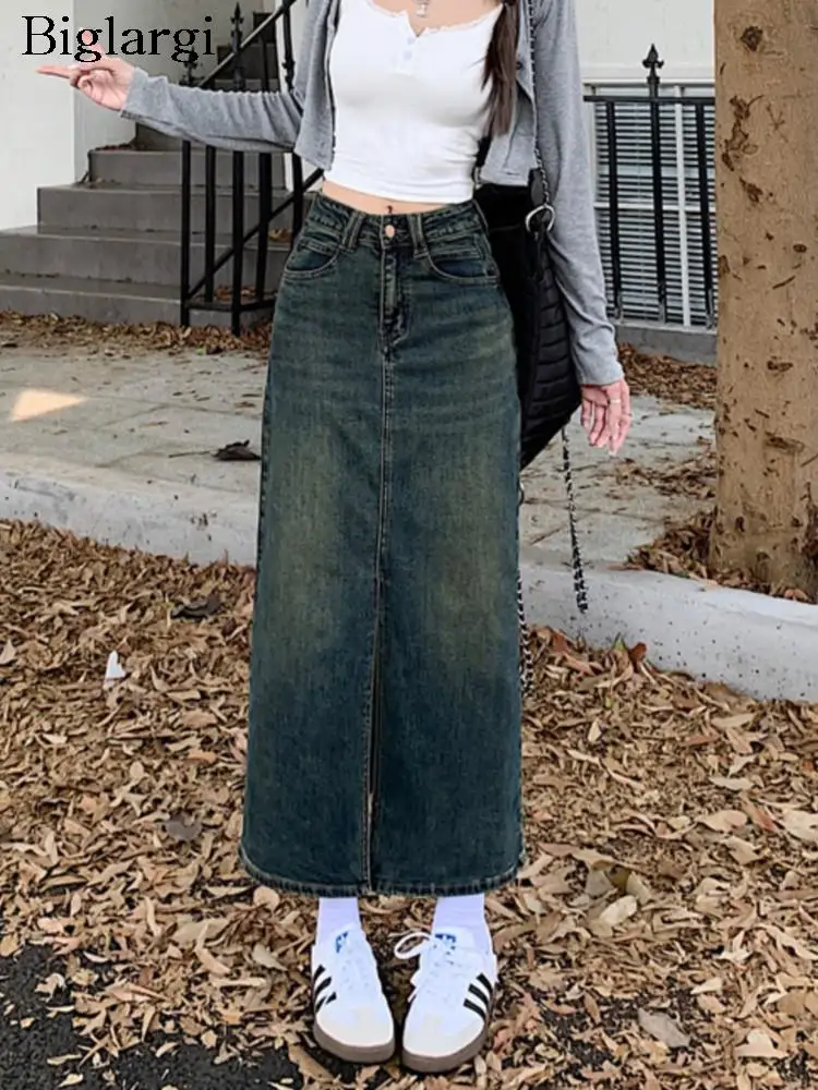 

Denim Spring Autumn Long Split Skirt Women High Waist Fashion Retro A-Line Ladies Skirts Korean Style Casual Woman Skirts