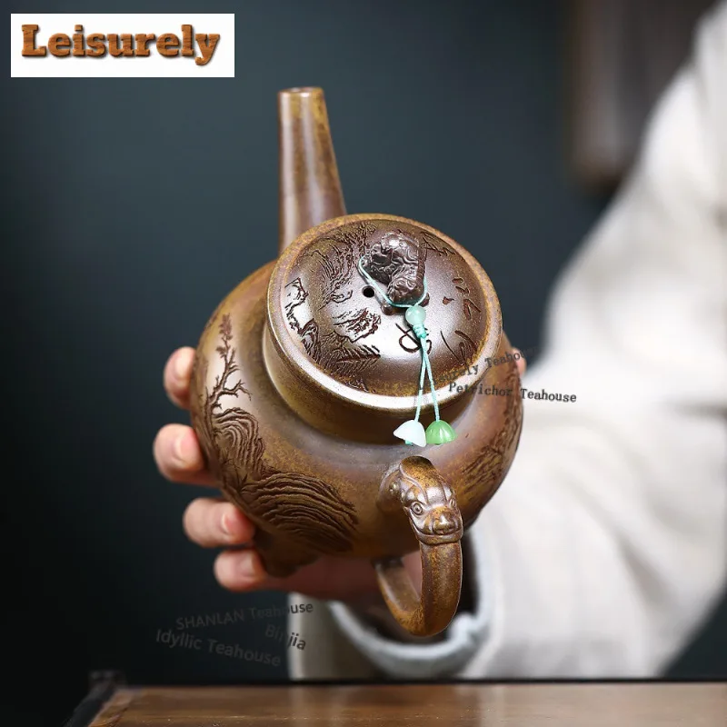 450ml Yixing Purple Clay Teapots Handmade Auspicious Beast Pot Raw Ore Wood-fired Porcelain Mud Kettle With Infuser Zisha Teaset